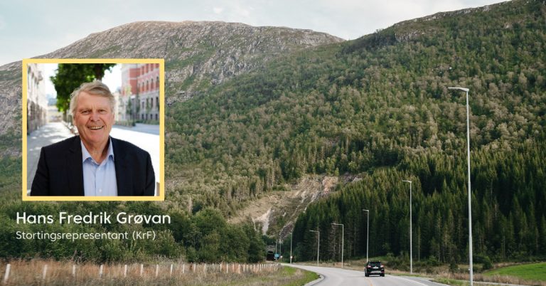 Bilde av norsk vei og portrett av Hans Fredrik Grøvan